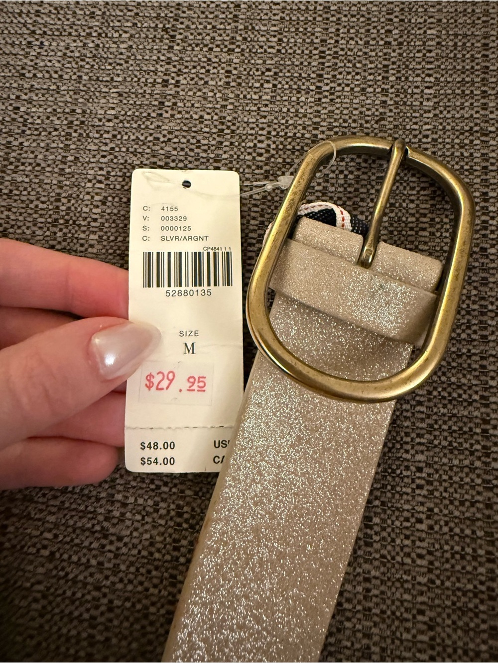 New Anthropologie Shimmery Taupe Suede Women's Belt with Brass Oval Buckle M - Picture 3 of 4